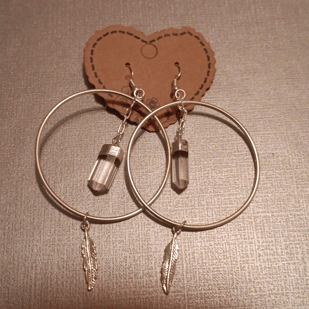 Feather Clear Quarts Hoop Earrings